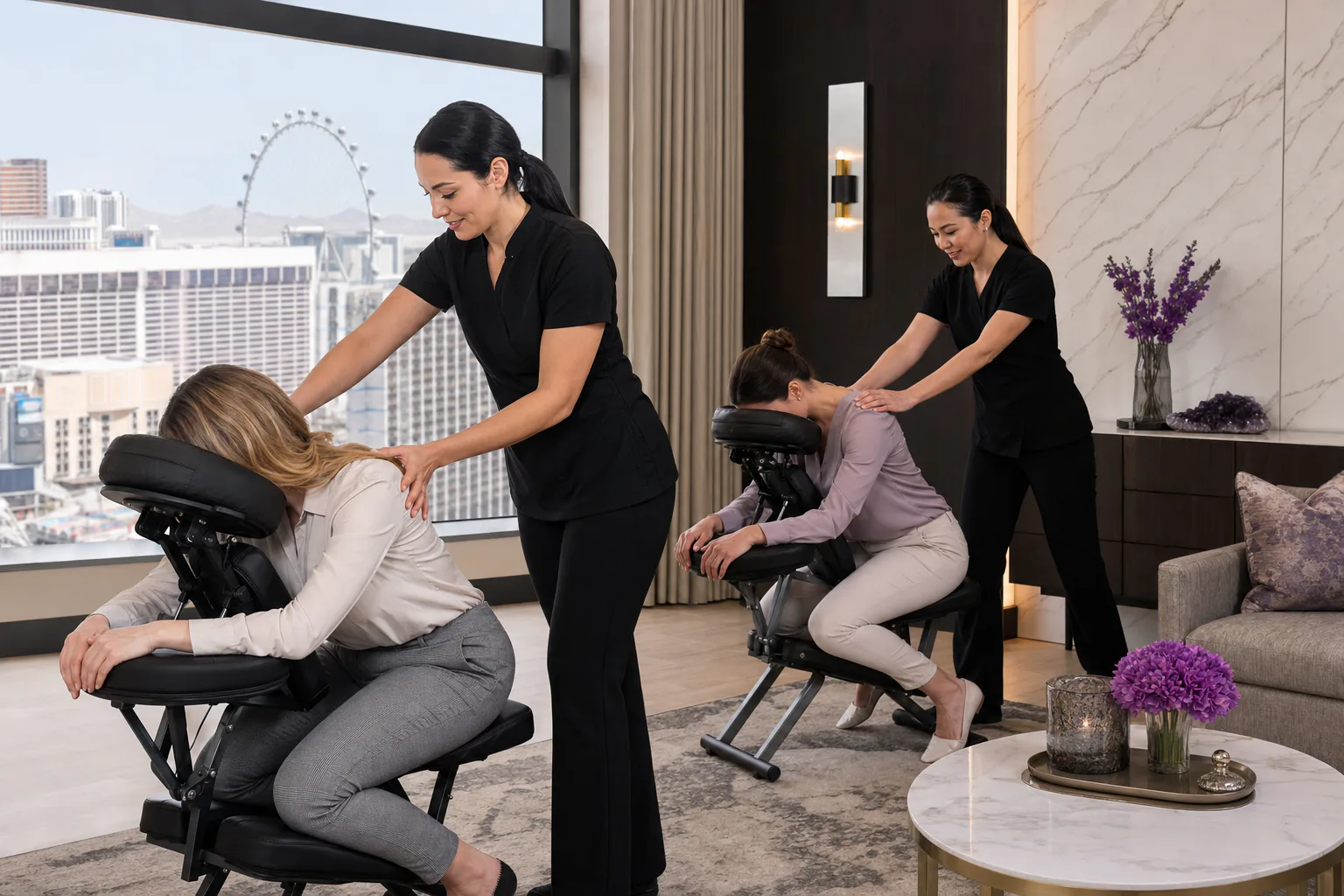 Women therapists providing seated massage at a Las Vegas group event