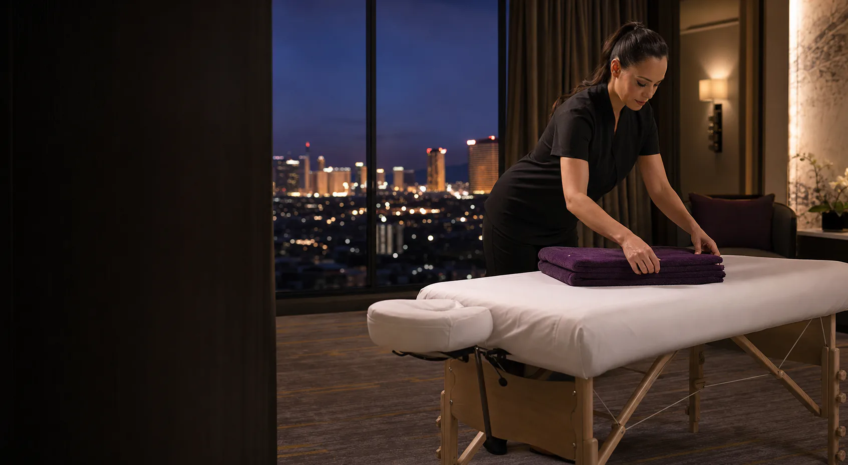 Female massage professional setting up a portable table in a Las Vegas hotel suite
